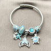Stainless Steel Individual Bangle, Butterfly and Turtle Design, with Light Turquoise and Blue Zircon Crystal, Turquoise Enamel Finish, Steel Finish, 07.464.0004 (03 MM Thickness, One size fits all)