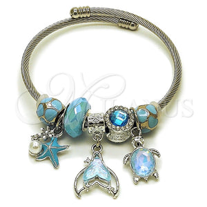 Stainless Steel Individual Bangle, Butterfly and Turtle Design, with Light Turquoise and Blue Zircon Crystal, Turquoise Enamel Finish, Steel Finish, 07.464.0004 (03 MM Thickness, One size fits all)