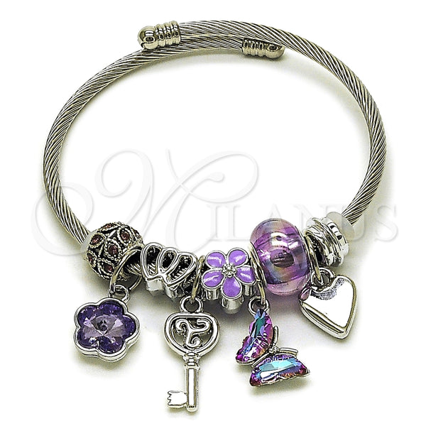 Stainless Steel Individual Bangle, Heart and Butterfly Design, with Tanzanite Crystal, Purple Enamel Finish, Steel Finish, 07.464.0006 (03 MM Thickness, One size fits all)