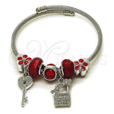 Stainless Steel Individual Bangle, key and Lock Design, with Siam and Crystal Crystal, Red Enamel Finish, Steel Finish, 07.464.0007 (03 MM Thickness, One size fits all)