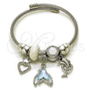 Stainless Steel Individual Bangle, Fish and Heart Design, with Light Turquoise and Crystal Crystal, White Enamel Finish, Steel Finish, 07.464.0009 (03 MM Thickness, One size fits all)