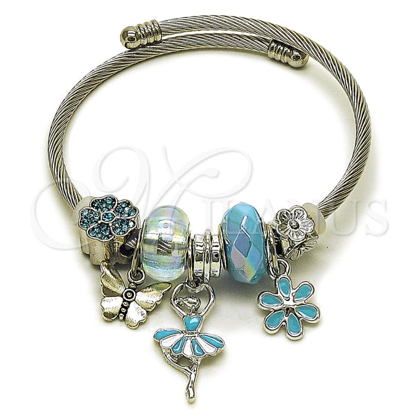Stainless Steel Individual Bangle, Little Girl and Flower Design, with Light Turquoise and Crystal Crystal, Turquoise Enamel Finish, Steel Finish, 07.464.0011 (03 MM Thickness, One size fits all)