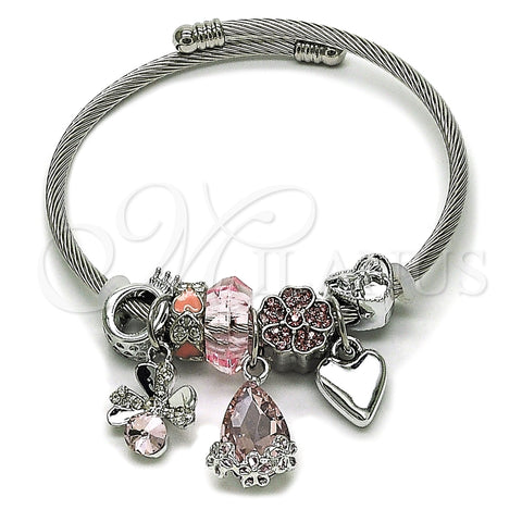 Stainless Steel Individual Bangle, Four-leaf Clover and Teardrop Design, with Light Rose and Crystal Crystal, Polished, Steel Finish, 07.464.0016 (03 MM Thickness, One size fits all)