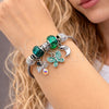 Stainless Steel Individual Bangle, Butterfly and Four-leaf Clover Design, with Emerald and Aurore Boreale Crystal, Turquoise Enamel Finish, Steel Finish, 07.464.0017 (03 MM Thickness, One size fits all)