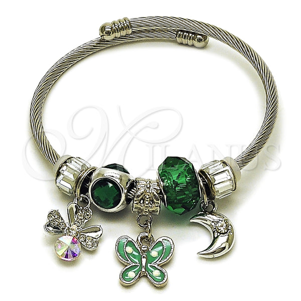 Stainless Steel Individual Bangle, Butterfly and Four-leaf Clover Design, with Emerald and Aurore Boreale Crystal, Turquoise Enamel Finish, Steel Finish, 07.464.0017 (03 MM Thickness, One size fits all)