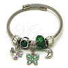 Stainless Steel Individual Bangle, Butterfly and Four-leaf Clover Design, with Emerald and Aurore Boreale Crystal, Turquoise Enamel Finish, Steel Finish, 07.464.0017 (03 MM Thickness, One size fits all)