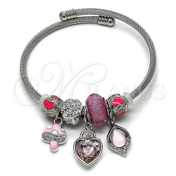 Stainless Steel Individual Bangle, Heart and Leaf Design, with Light Rose and Crystal Crystal, Pink Enamel Finish, Steel Finish, 07.464.0018 (03 MM Thickness, One size fits all)