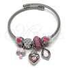Stainless Steel Individual Bangle, Heart and Leaf Design, with Light Rose and Crystal Crystal, Pink Enamel Finish, Steel Finish, 07.464.0018 (03 MM Thickness, One size fits all)