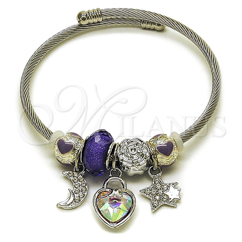Stainless Steel Individual Bangle, Heart and Moon Design, with Aurore Boreale and Crystal Crystal, Purple Enamel Finish, Steel Finish, 07.464.0019 (03 MM Thickness, One size fits all)