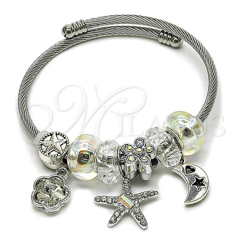 Stainless Steel Individual Bangle, Flower and Star Design, with Crystal and Aurore Boreale Crystal, Polished, Steel Finish, 07.464.0020 (03 MM Thickness, One size fits all)