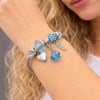 Stainless Steel Individual Bangle, Ball and Heart Design, with Indicolite and Crystal Crystal, Turquoise Enamel Finish, Steel Finish, 07.464.0021 (03 MM Thickness, One size fits all)