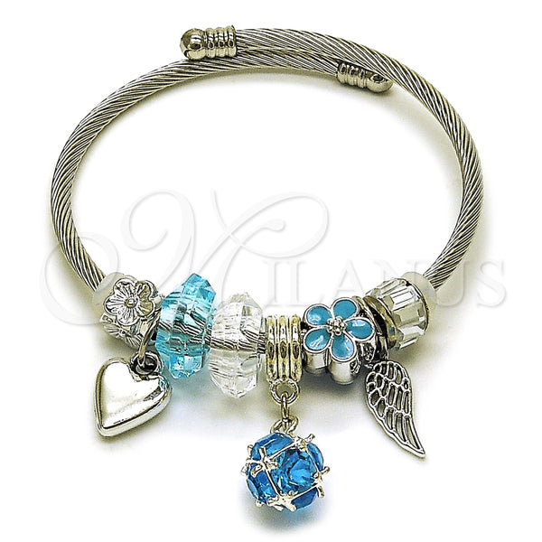 Stainless Steel Individual Bangle, Ball and Heart Design, with Indicolite and Crystal Crystal, Turquoise Enamel Finish, Steel Finish, 07.464.0021 (03 MM Thickness, One size fits all)