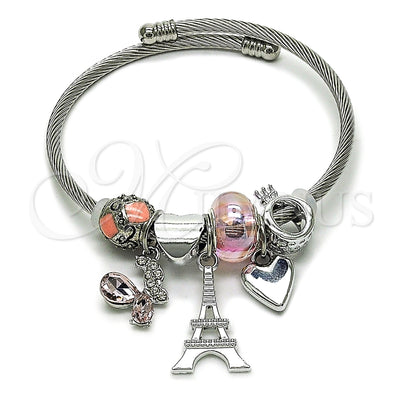 Stainless Steel Individual Bangle, Eiffel Tower and Butterfly Design, with Light Rose and Aurore Boreale Crystal, Pink Enamel Finish, Steel Finish, 07.464.0025 (03 MM Thickness, One size fits all)