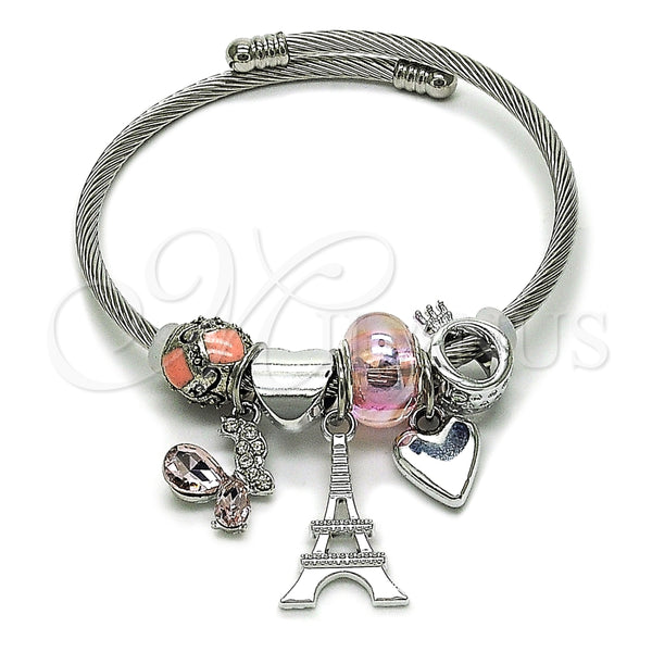 Stainless Steel Individual Bangle, Eiffel Tower and Butterfly Design, with Light Rose and Aurore Boreale Crystal, Pink Enamel Finish, Steel Finish, 07.464.0025 (03 MM Thickness, One size fits all)