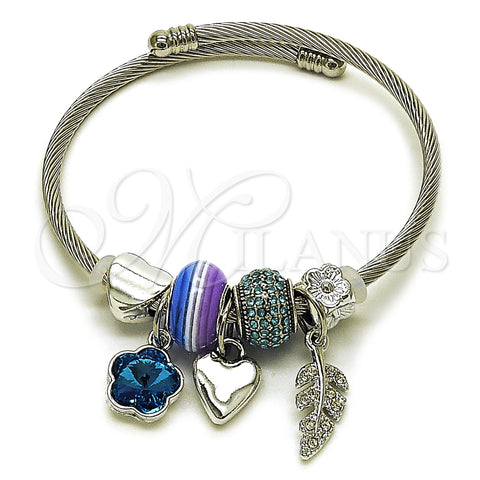 Stainless Steel Individual Bangle, Flower and Leaf Design, with Indicolite and Crystal Crystal, Polished, Steel Finish, 07.464.0026 (03 MM Thickness, One size fits all)