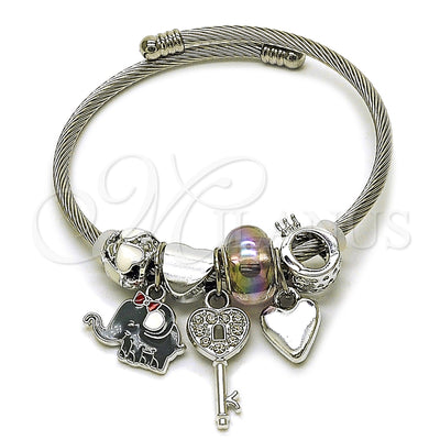 Stainless Steel Individual Bangle, Elephant and Heart Design, with Crystal and Paradise Shine Crystal, Grey Enamel Finish, Steel Finish, 07.464.0029 (03 MM Thickness, One size fits all)