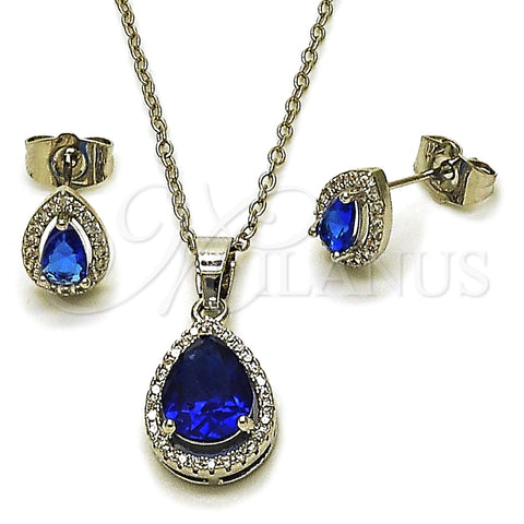 Rhodium Gold Filled Earring and Pendant Adult Set, Teardrop and Cluster Design, with Sapphire Blue Cubic Zirconia and White Micro Pave, Polished, Rhodium Finish, 10.349.0002.3