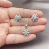 Rhodium Gold Filled Earring and Pendant Adult Set, Flower and Baguette Design, with White Cubic Zirconia, Polished, Rhodium Finish, 10.349.0003
