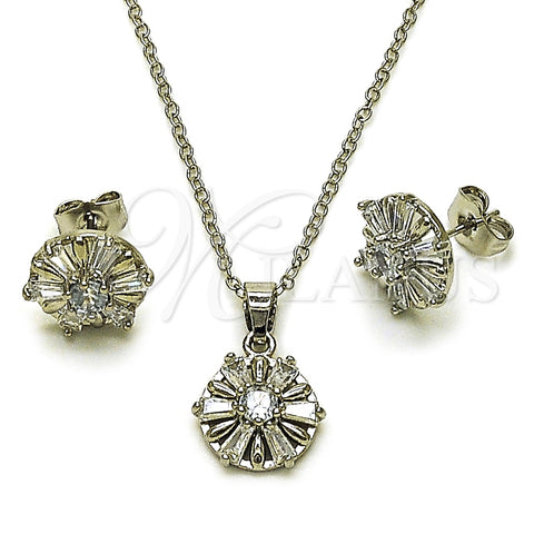 Rhodium Gold Filled Earring and Pendant Adult Set, Flower and Baguette Design, with White Cubic Zirconia, Polished, Rhodium Finish, 10.349.0003