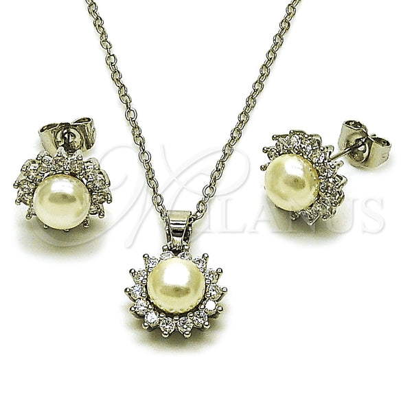Rhodium Gold Filled Earring and Pendant Adult Set, Flower and Cluster Design, with Ivory Pearl and White Cubic Zirconia, Polished, Rhodium Finish, 10.349.0005
