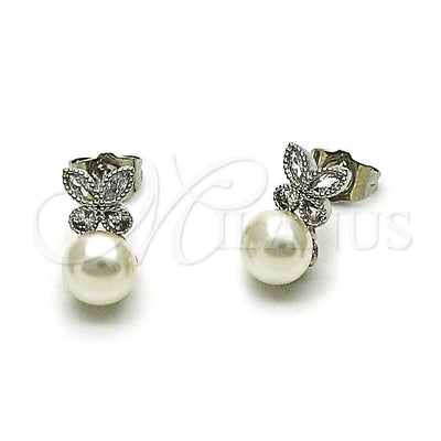 Rhodium Gold Filled Stud Earring, Butterfly and Ball Design, with Ivory Pearl and White Cubic Zirconia for wholesale, main product view