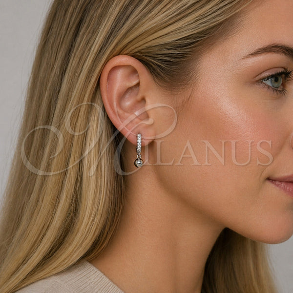 White Gold Filled Hoop Earrings — Huggie Hoop Ball Design with White Cubic Zirconia — alternate product view — SKU 164970 | Oro Laminado Blanco aretes de aro — Huggie Hoop Ball diseño with blanco Cubic Zirconia — SKU 164970