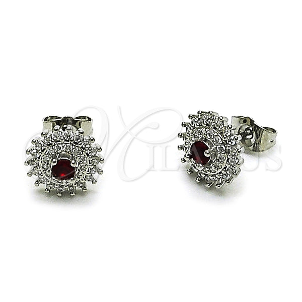 Rhodium Gold Filled Stud Earring, Cluster Design, with Garnet and White Cubic Zirconia, Polished, Rhodium Finish, 02.349.0022