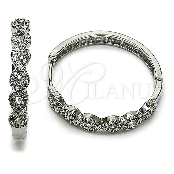 White Gold Filled Hoop Earrings — Huggie Hoop Infinite Design with White Micro Pave — main product view — SKU 164999 | Oro Laminado Blanco aretes de aro — Huggie Hoop Infinite diseño with blanco Micro Pave — SKU 164999