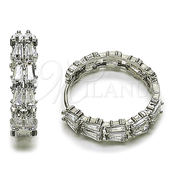 White Gold Filled Hoop Earrings — Huggie Hoop Baguette Design with White Cubic Zirconia — main product view — SKU 165002 | Oro Laminado Blanco aretes de aro — Huggie Hoop Baguette diseño with blanco Cubic Zirconia — SKU 165002