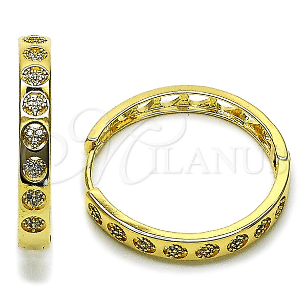 Gold Filled Hoop Earrings — Huggie Hoop Heart Design with White Micro Pave — main product view — SKU 165010 | Oro Laminado aretes de aro — Huggie Hoop corazón diseño with blanco Micro Pave — SKU 165010