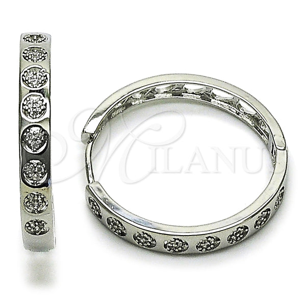 White Gold Filled Hoop Earrings — Huggie Hoop Heart Design with White Micro Pave — main product view — SKU 165011 | Oro Laminado Blanco aretes de aro — Huggie Hoop corazón diseño with blanco Micro Pave — SKU 165011
