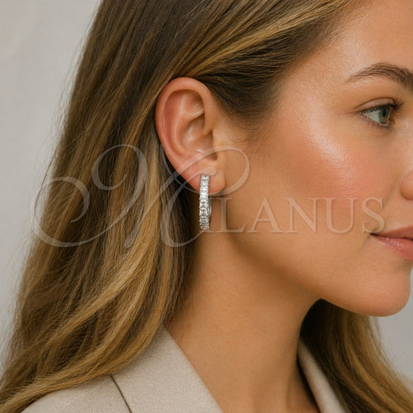 White Gold Filled Hoop Earrings — Huggie Hoop with White Cubic Zirconia Polished 02. — alternate product view — SKU 165013 | Oro Laminado Blanco aretes de aro — Huggie Hoop with blanco Cubic Zirconia pulido 02. — SKU 165013