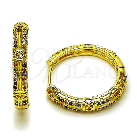 Oro Laminado Huggie Hoop, Gold Filled Style with Multicolor Micro Pave, Polished, Golden Finish, 02.237.0079.28