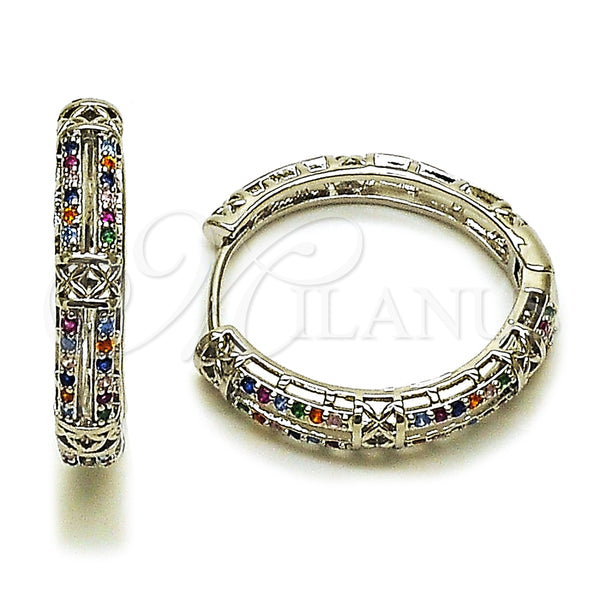 White Gold Filled Hoop Earrings — Huggie Hoop with Multicolor Micro Pave Polished 02. — main product view — SKU 165016 | Oro Laminado Blanco aretes de aro — Huggie Hoop with Multicolor Micro Pave pulido 02. — SKU 165016
