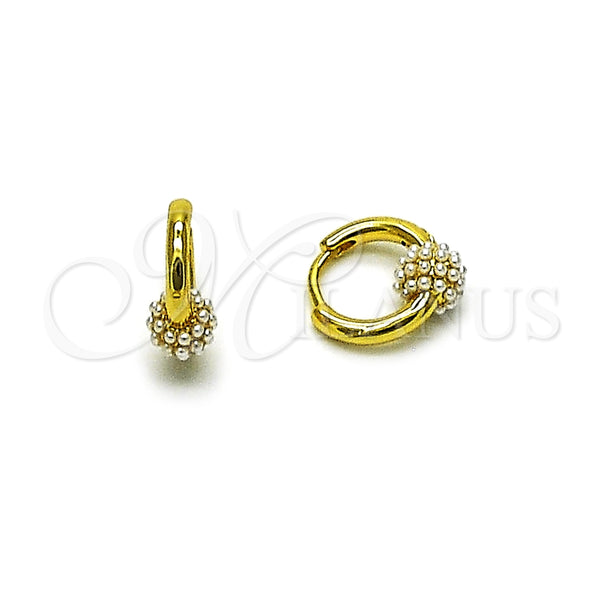Gold Filled Hoop Earrings — Huggie Hoop Ball Design with Ivory Pearl Polished — main product view — SKU 165024 | Oro Laminado aretes de aro — Huggie Hoop Ball diseño with Ivory Pearl pulido — SKU 165024