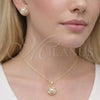 Oro Laminado Earring and Pendant Adult Set, Gold Filled Style Cluster Design, with Ivory Pearl and White Micro Pave, Polished, Golden Finish, 10.379.0107