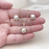 Oro Laminado Earring and Pendant Adult Set, Gold Filled Style Cluster Design, with Ivory Pearl and White Micro Pave, Polished, Golden Finish, 10.379.0107