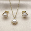 Oro Laminado Earring and Pendant Adult Set, Gold Filled Style Cluster Design, with Ivory Pearl and White Micro Pave, Polished, Golden Finish, 10.379.0107