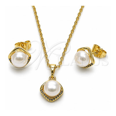 Oro Laminado Earring and Pendant Adult Set, Gold Filled Style Cluster Design, with Ivory Pearl and White Micro Pave, Polished, Golden Finish, 10.379.0107