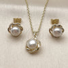 Oro Laminado Earring and Pendant Adult Set, Gold Filled Style Flower Design, with Ivory Pearl and White Micro Pave, Polished, Golden Finish, 10.379.0108