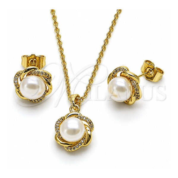 Oro Laminado Earring and Pendant Adult Set, Gold Filled Style Flower Design, with Ivory Pearl and White Micro Pave, Polished, Golden Finish, 10.379.0108