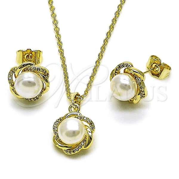 Oro Laminado Earring and Pendant Adult Set, Gold Filled Style Flower Design, with Ivory Pearl and White Micro Pave, Polished, Golden Finish, 10.379.0108