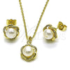 Oro Laminado Earring and Pendant Adult Set, Gold Filled Style Flower Design, with Ivory Pearl and White Micro Pave, Polished, Golden Finish, 10.379.0108