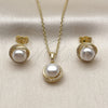 Oro Laminado Earring and Pendant Adult Set, Gold Filled Style Love Knot Design, with Ivory Pearl and White Micro Pave, Polished, Golden Finish, 10.379.0109