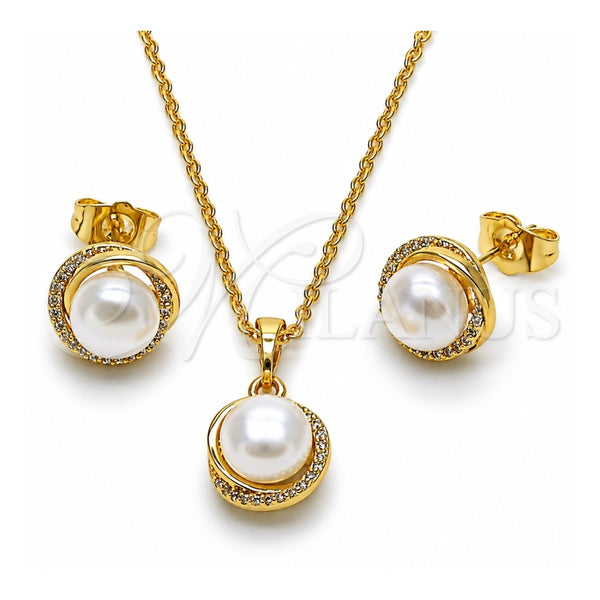 Oro Laminado Earring and Pendant Adult Set, Gold Filled Style Love Knot Design, with Ivory Pearl and White Micro Pave, Polished, Golden Finish, 10.379.0109