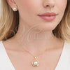 Oro Laminado Earring and Pendant Adult Set, Gold Filled Style Cluster Design, with Ivory Pearl and White Micro Pave, Polished, Golden Finish, 10.379.0110