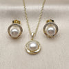 Oro Laminado Earring and Pendant Adult Set, Gold Filled Style Cluster Design, with Ivory Pearl and White Micro Pave, Polished, Golden Finish, 10.379.0110