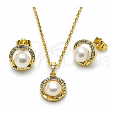 Oro Laminado Earring and Pendant Adult Set, Gold Filled Style Cluster Design, with Ivory Pearl and White Micro Pave, Polished, Golden Finish, 10.379.0110