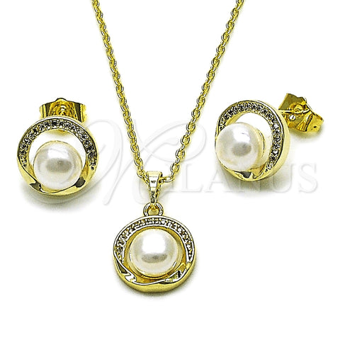 Oro Laminado Earring and Pendant Adult Set, Gold Filled Style Cluster Design, with Ivory Pearl and White Micro Pave, Polished, Golden Finish, 10.379.0110