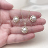 Oro Laminado Earring and Pendant Adult Set, Gold Filled Style Flower Design, with Ivory Pearl and White Micro Pave, Polished, Golden Finish, 10.379.0111